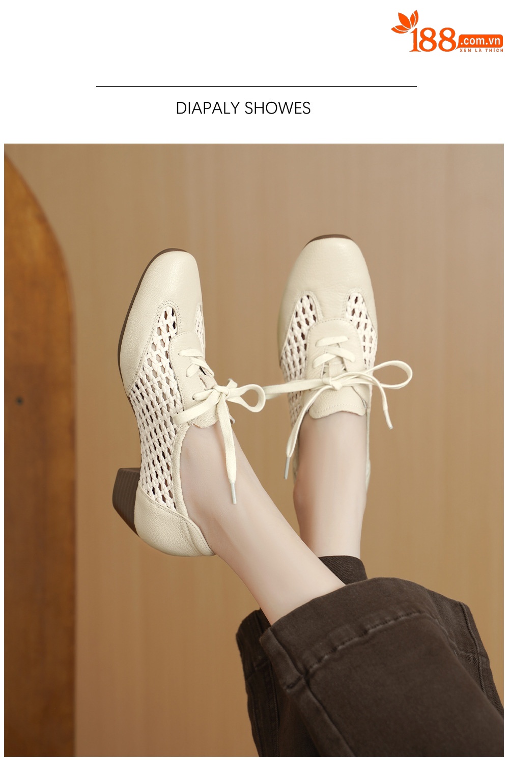 Giày sneaker nữ da cừu lỗ rỗng phong cách DeTrain đế mềm — Vàng nâu chi tiết 7