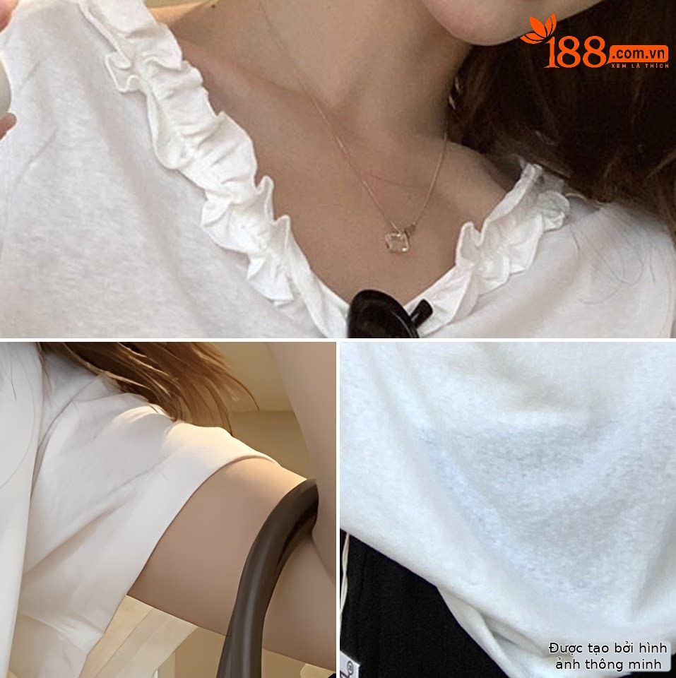 Áo thun nữ tay ngắn cổ lệch vai kết hợp ren bèo nhún phong cách Pháp — màu đen, màu trắng, Tro xi măng, Bột tím chi tiết 8