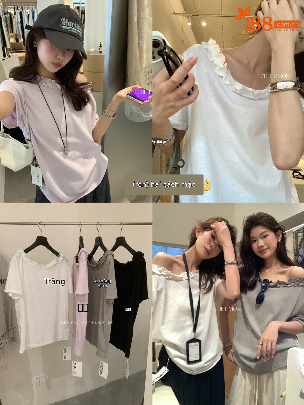Áo thun nữ tay ngắn cổ lệch vai kết hợp ren bèo nhún phong cách Pháp — màu đen, màu trắng, Tro xi măng, Bột tím chi tiết 15