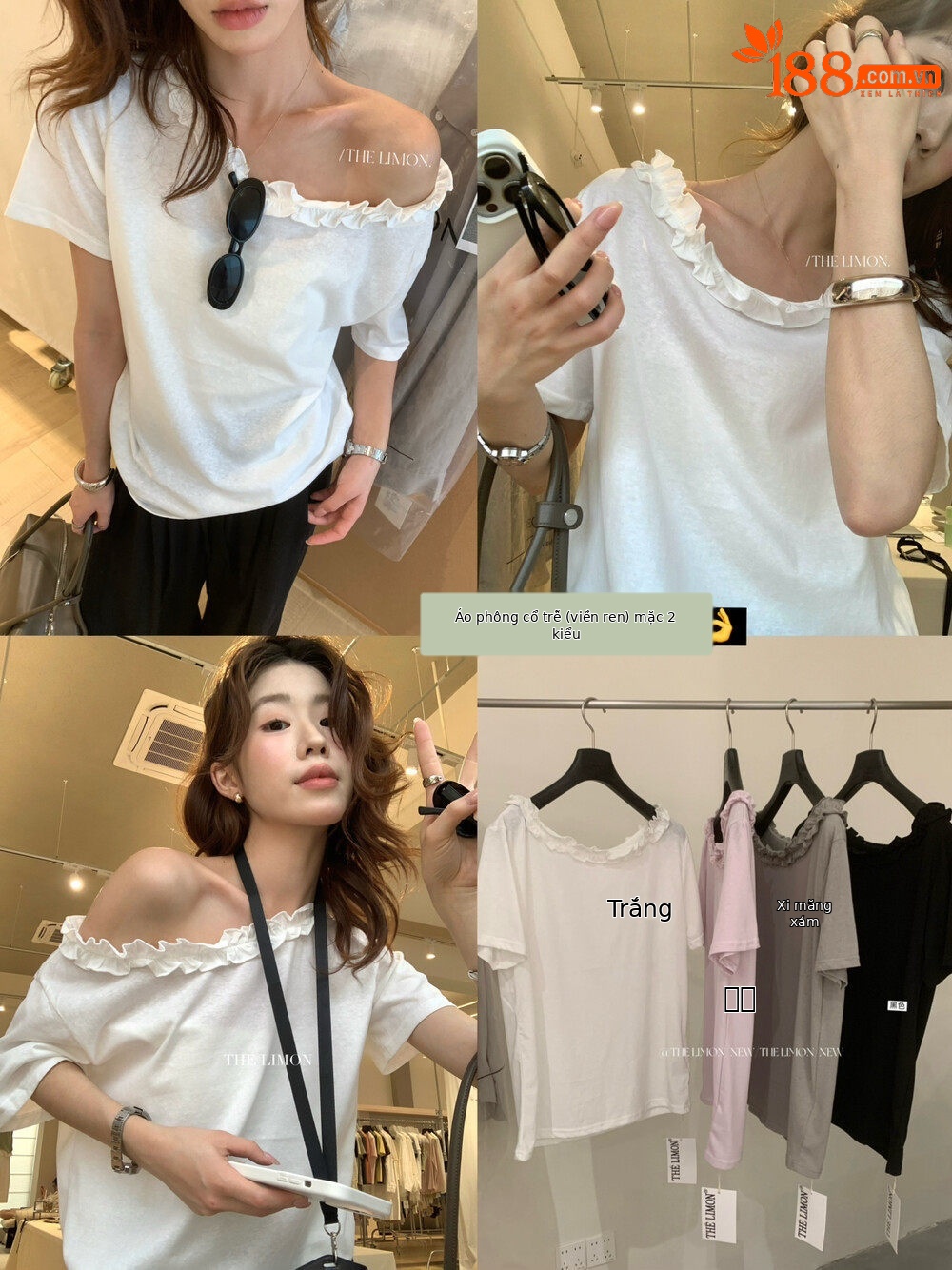 Áo thun nữ tay ngắn cổ lệch vai kết hợp ren bèo nhún phong cách Pháp — màu đen, màu trắng, Tro xi măng, Bột tím chi tiết 31