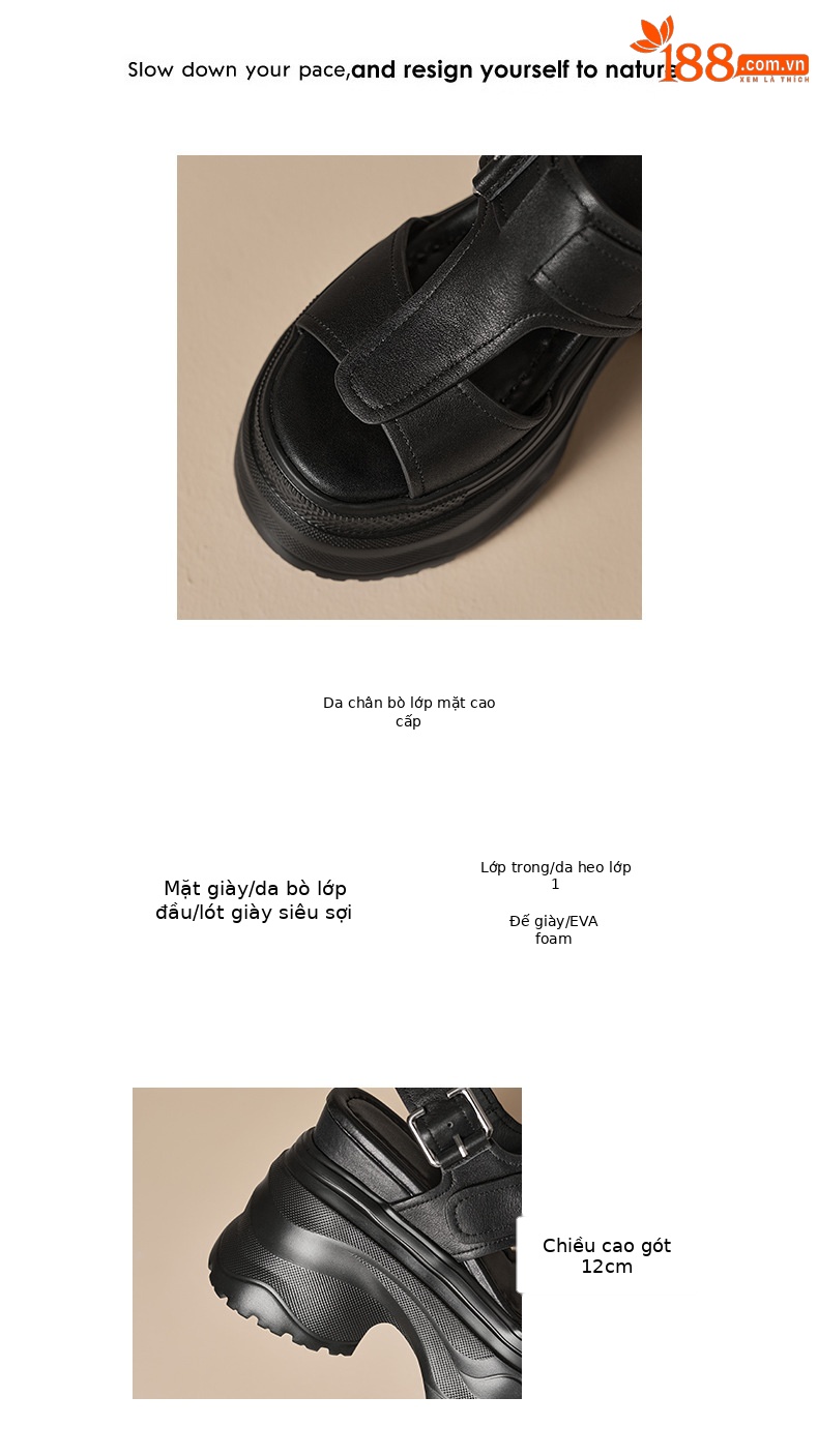 Sandal cao gót nữ đế xuồng 12 cm hở mũi phong cách La Mã — màu đen, màu trắng ngà chi tiết 3