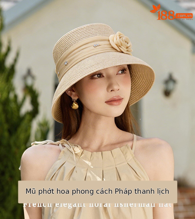 Mũ rơm cổ điển nữ vành phẳng phong cách Hepburn, có dây lụa, chống nắng — màu be chi tiết 1