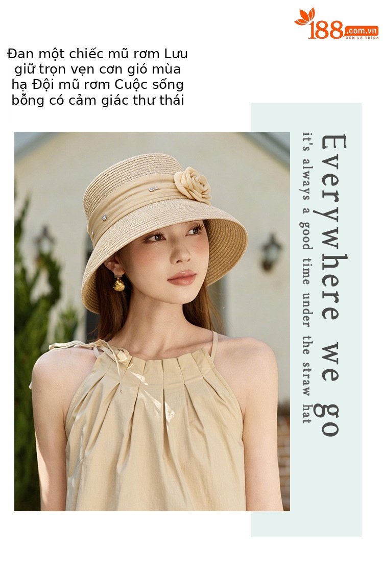 Mũ rơm cổ điển nữ vành phẳng phong cách Hepburn, có dây lụa, chống nắng — màu be chi tiết 5
