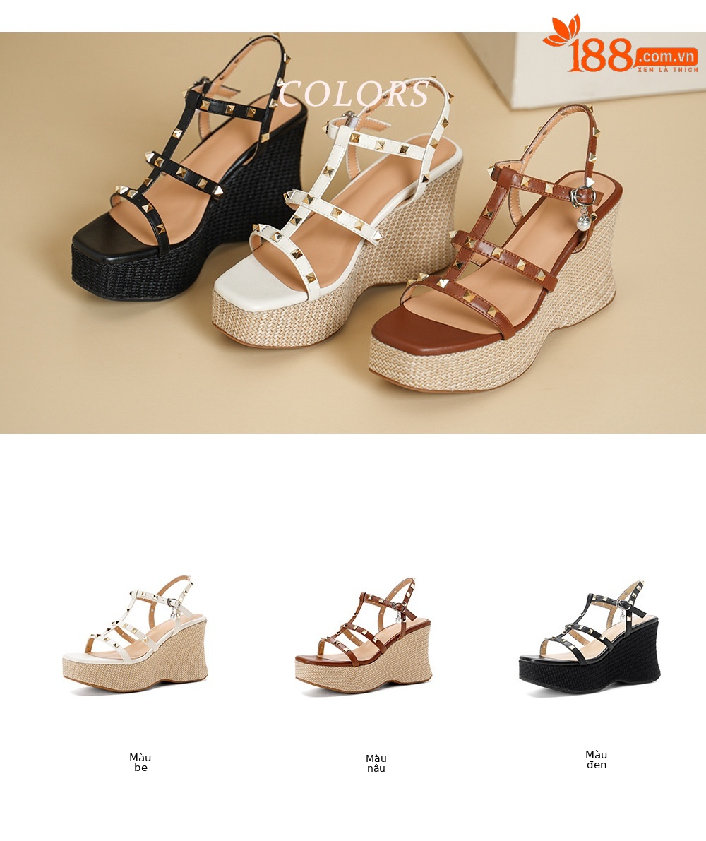 Sandal nữ đế xuồng cao gót phong cách Bohemian, mũi hở, quai đinh tán, đế bánh mì dày — màu nâu, màu đen, màu trắng ngà chi tiết 2