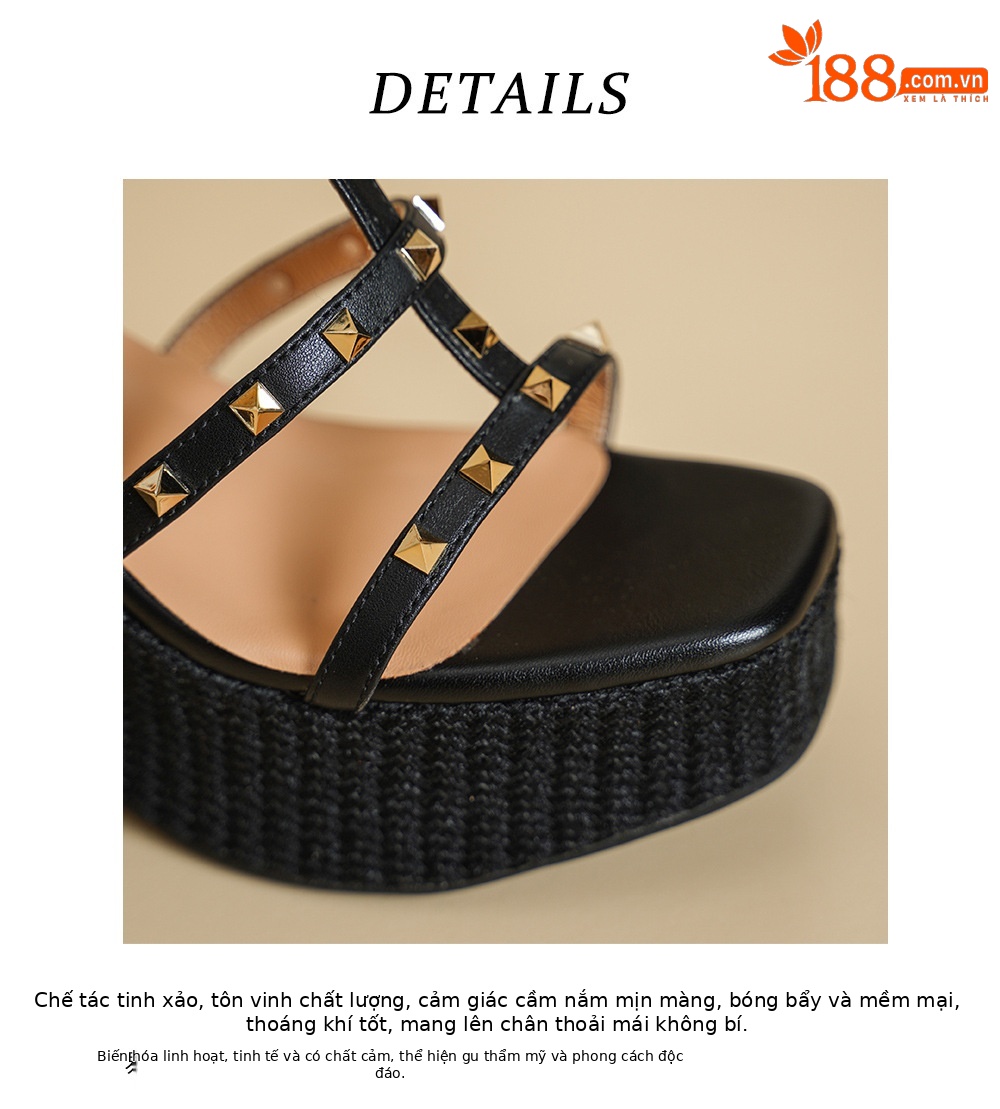 Sandal nữ đế xuồng cao gót phong cách Bohemian, mũi hở, quai đinh tán, đế bánh mì dày — màu nâu, màu đen, màu trắng ngà chi tiết 16
