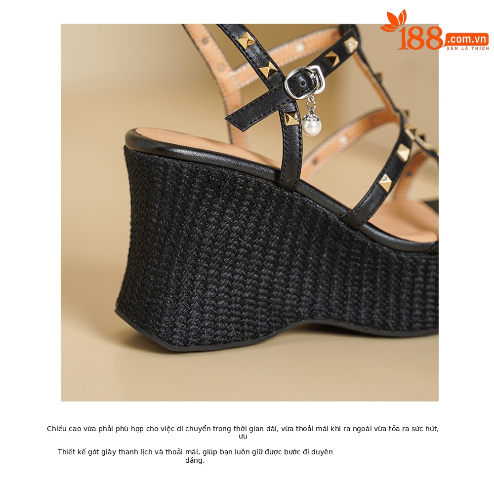 Sandal nữ đế xuồng cao gót phong cách Bohemian, mũi hở, quai đinh tán, đế bánh mì dày — màu nâu, màu đen, màu trắng ngà chi tiết 18
