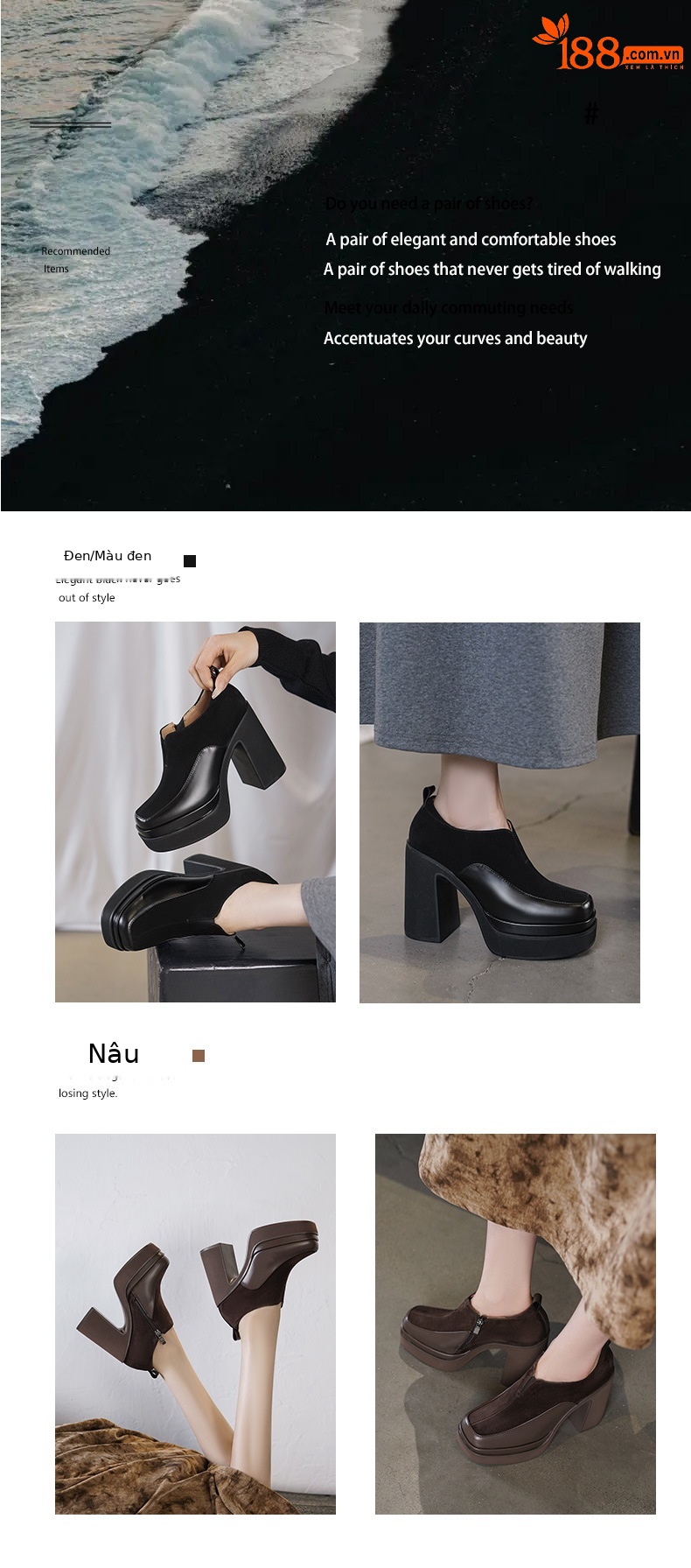 Giày cao gót nữ mũi vuông đế xuồng platform gót vuông 9 cm, phối màu tương phản, form dáng loafer — màu nâu, màu đen chi tiết 2
