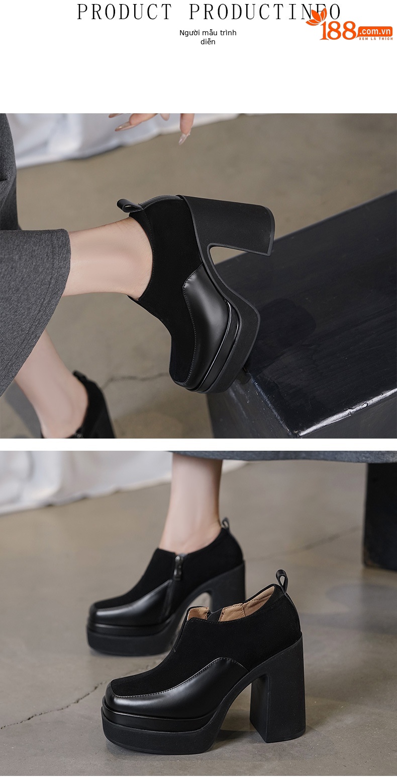 Giày cao gót nữ mũi vuông đế xuồng platform gót vuông 9 cm, phối màu tương phản, form dáng loafer — màu nâu, màu đen chi tiết 3