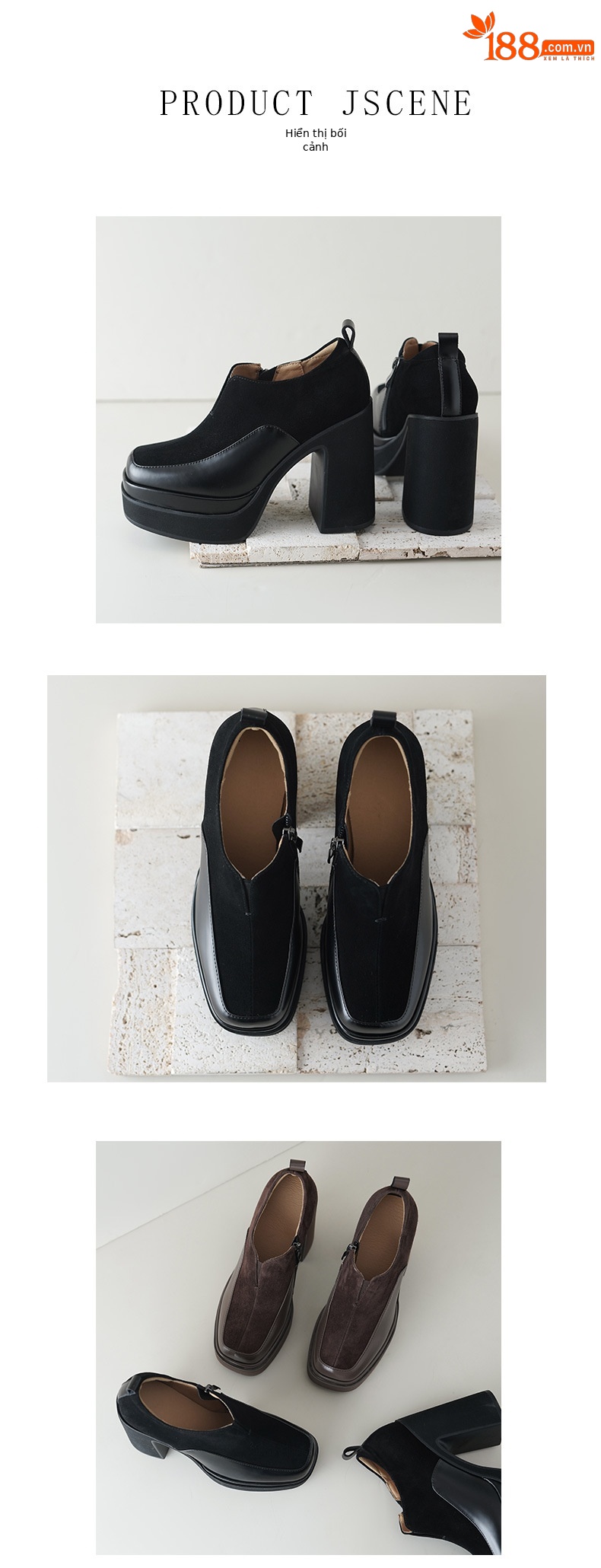 Giày cao gót nữ mũi vuông đế xuồng platform gót vuông 9 cm, phối màu tương phản, form dáng loafer — màu nâu, màu đen chi tiết 7