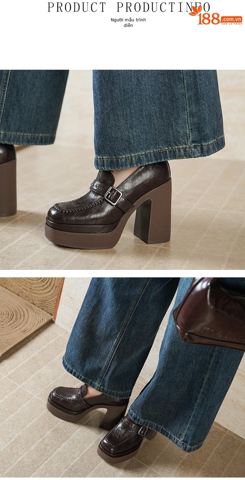 Giày cao gót nữ mũi vuông gót thô đế xuồng 12 cm — màu đen, màu cà phê chi tiết 3