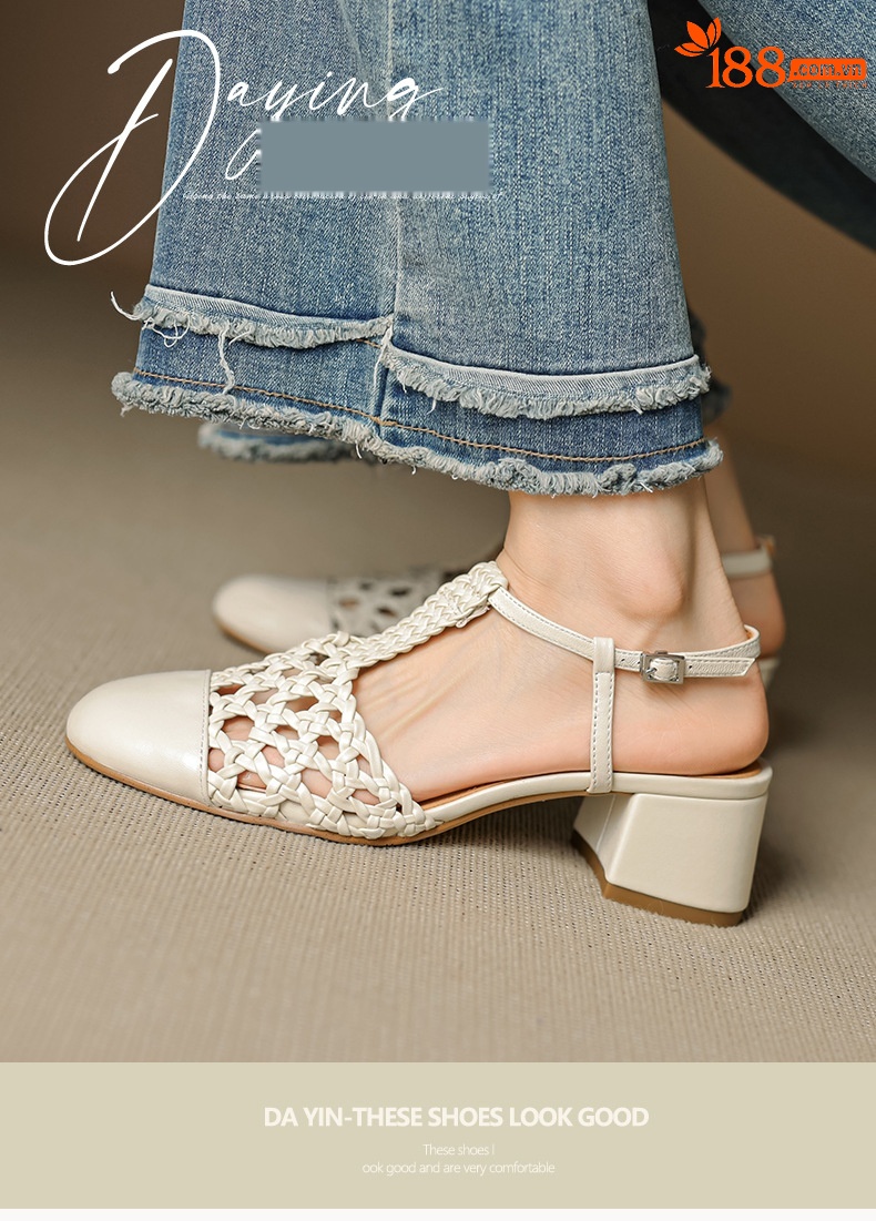 Sandal nữ quai ngang gót thô 5 cm, dây đan kiểu La Mã — màu nâu chi tiết 2