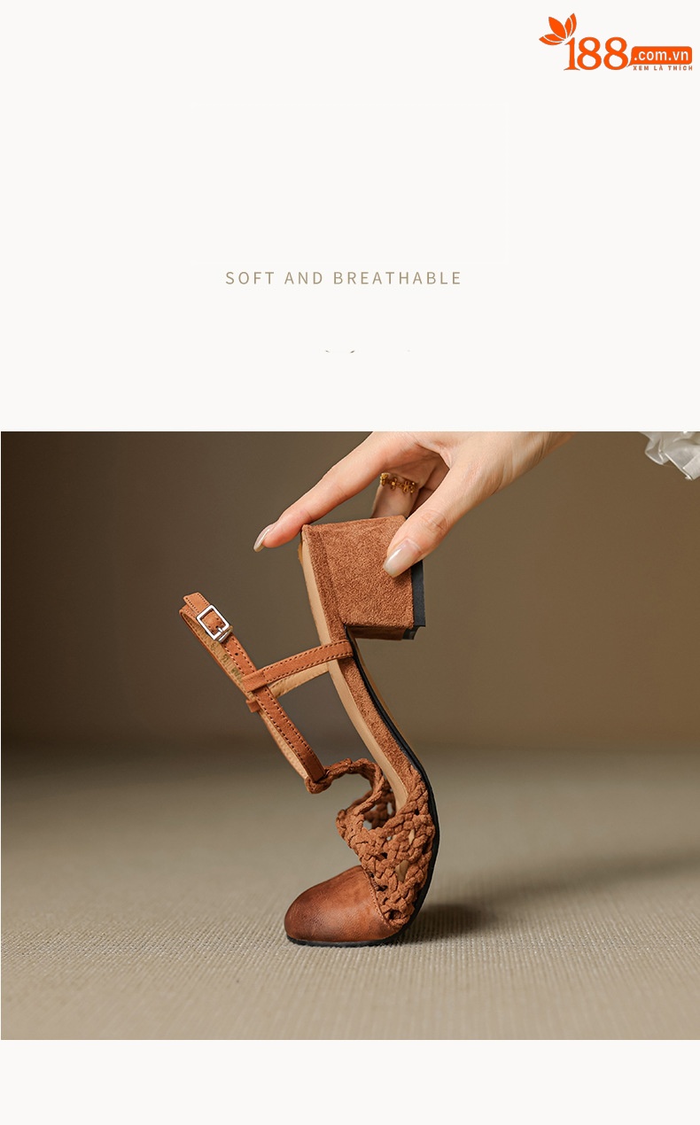 Sandal nữ quai ngang gót thô 5 cm, dây đan kiểu La Mã — màu nâu chi tiết 4