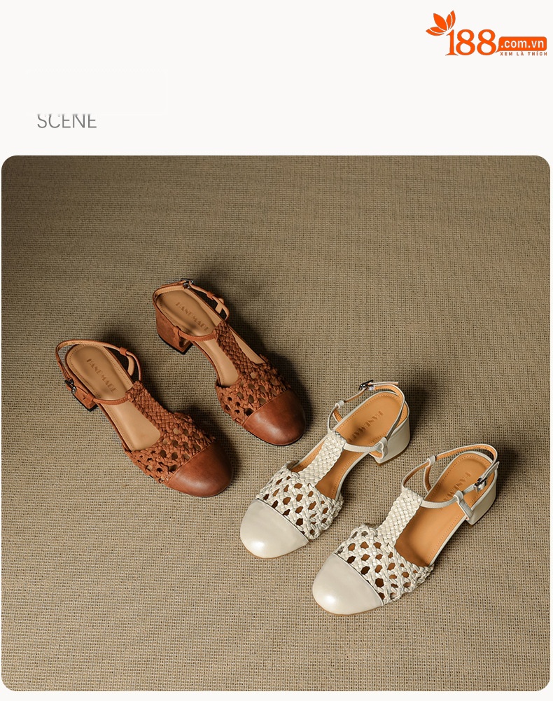 Sandal nữ quai ngang gót thô 5 cm, dây đan kiểu La Mã — màu nâu chi tiết 20