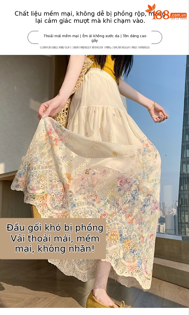 Chân váy chữ A dài thêu ren họa tiết eo cao mùa hè — màu mơ chi tiết 8