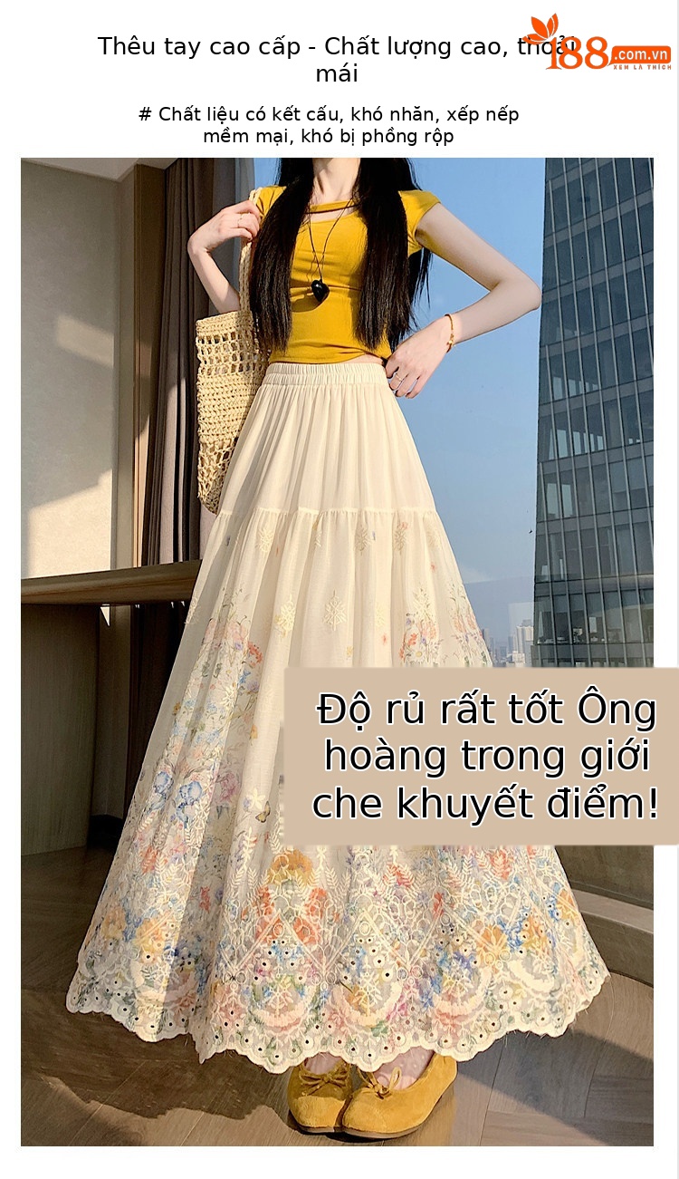 Chân váy chữ A dài thêu ren họa tiết eo cao mùa hè — màu mơ chi tiết 9