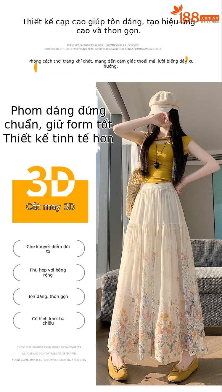 Chân váy chữ A dài thêu ren họa tiết eo cao mùa hè — màu mơ chi tiết 4