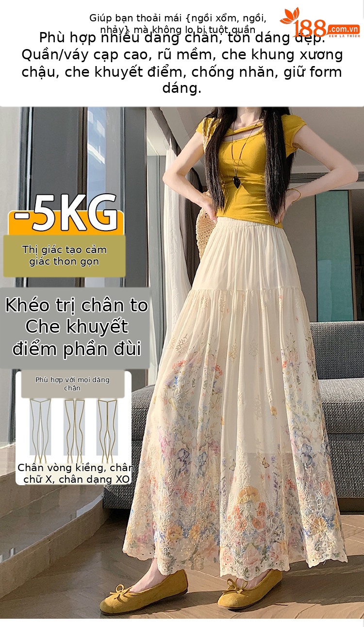 Chân váy chữ A dài thêu ren họa tiết eo cao mùa hè — màu mơ chi tiết 7
