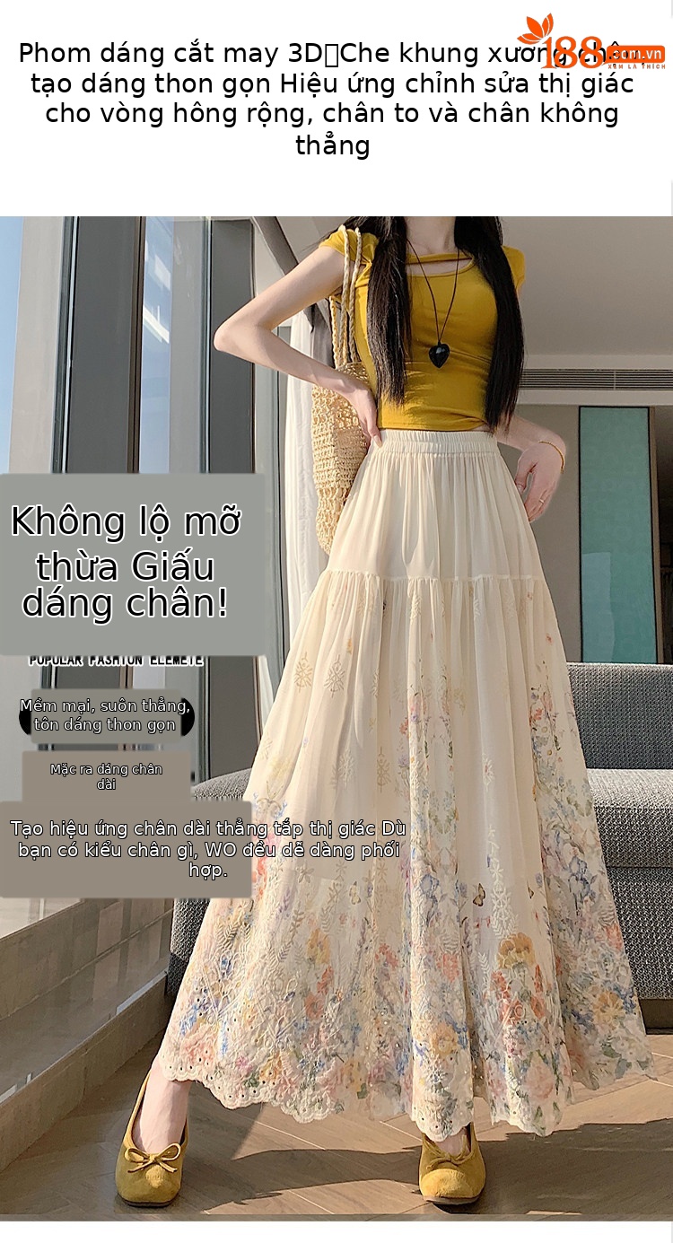 Chân váy chữ A dài thêu ren họa tiết eo cao mùa hè — màu mơ chi tiết 10
