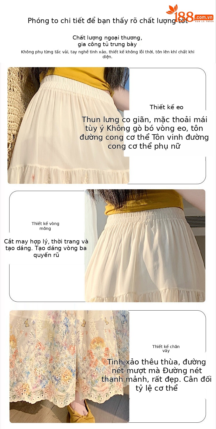 Chân váy chữ A dài thêu ren họa tiết eo cao mùa hè — màu mơ chi tiết 11