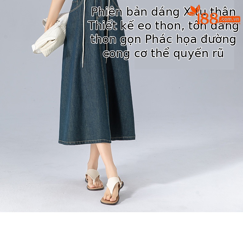 Đầm maxi nữ denim phong cách vintage thiết kế dây đeo thắt eo — xanh lam chi tiết 13