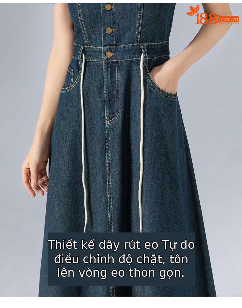 Đầm maxi nữ denim phong cách vintage thiết kế dây đeo thắt eo — xanh lam chi tiết 14