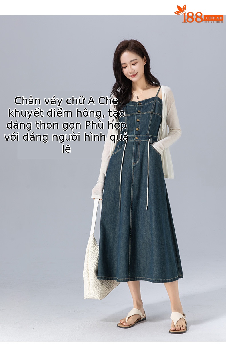 Đầm maxi nữ denim phong cách vintage thiết kế dây đeo thắt eo — xanh lam chi tiết 15