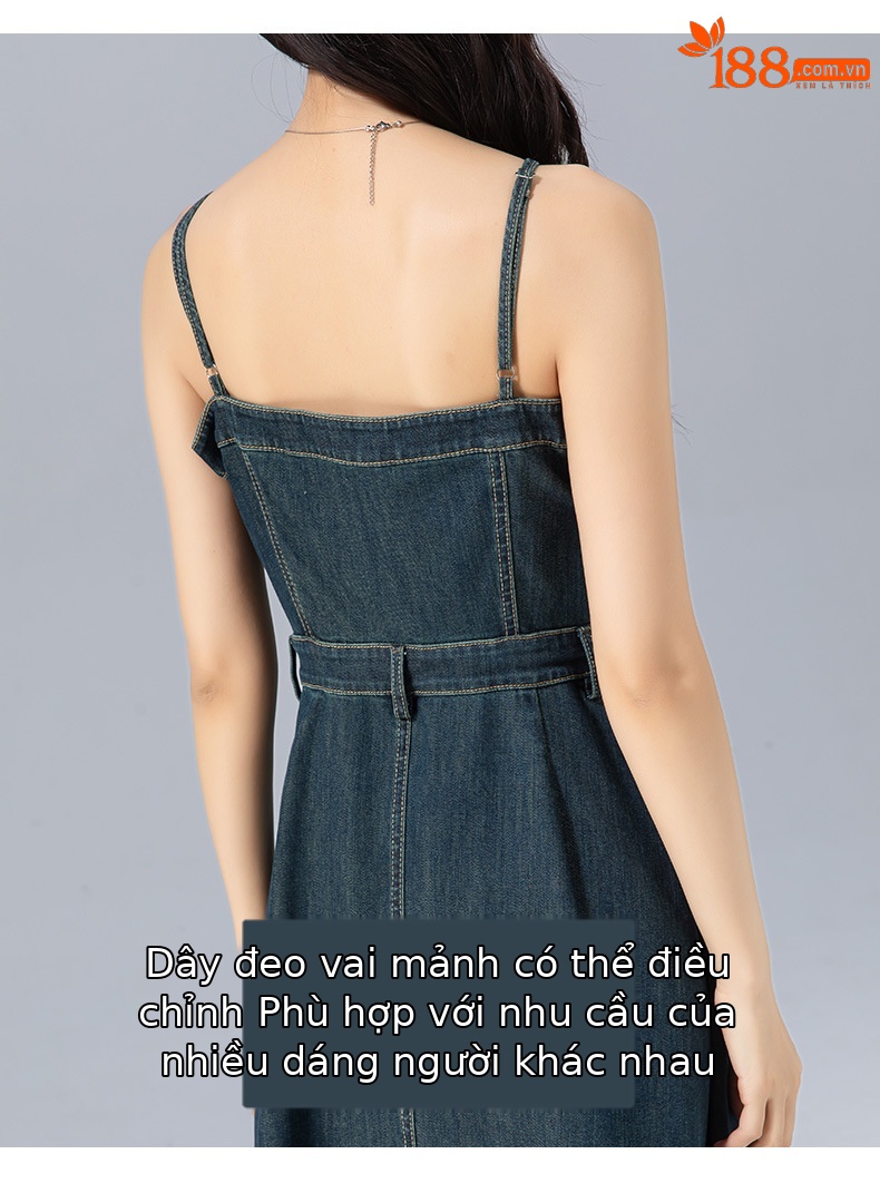 Đầm maxi nữ denim phong cách vintage thiết kế dây đeo thắt eo — xanh lam chi tiết 17