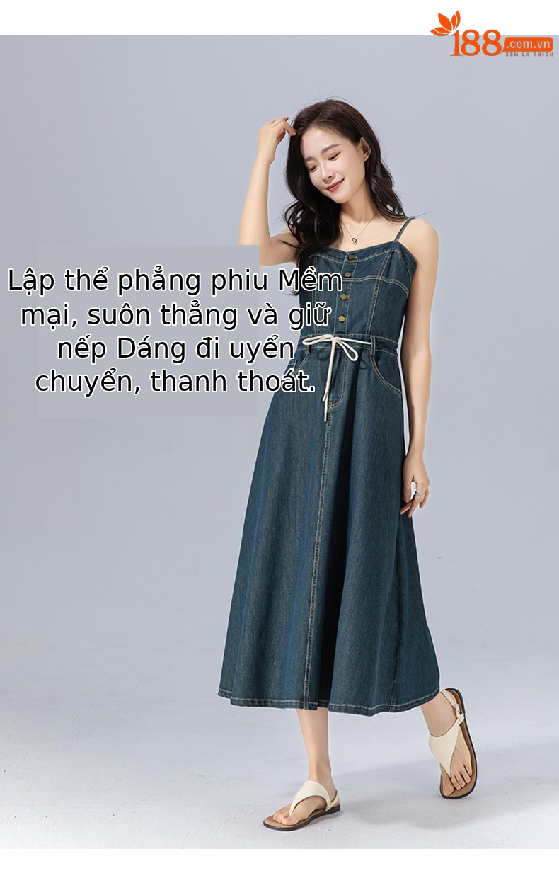 Đầm maxi nữ denim phong cách vintage thiết kế dây đeo thắt eo — xanh lam chi tiết 18