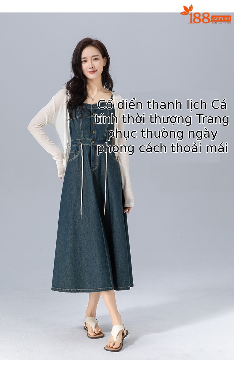Đầm maxi nữ denim phong cách vintage thiết kế dây đeo thắt eo — xanh lam chi tiết 19