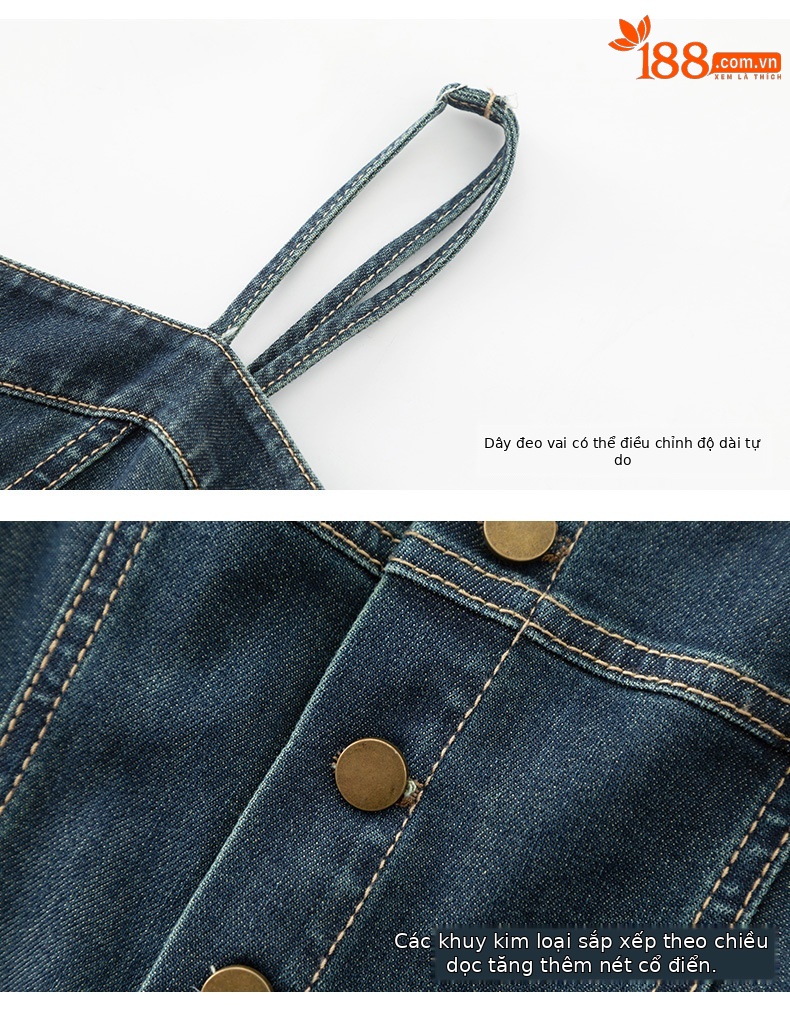 Đầm maxi nữ denim phong cách vintage thiết kế dây đeo thắt eo — xanh lam chi tiết 21