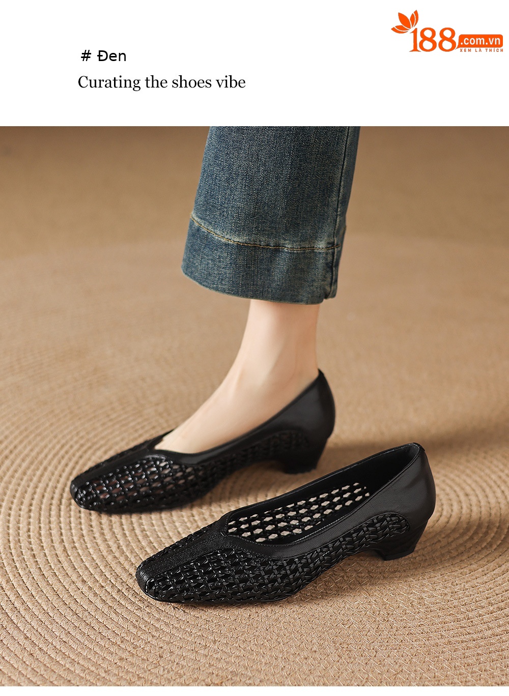 Giày sandal nữ mũi vuông gót thấp 3 cm da cừu hở bên — đen chi tiết 9