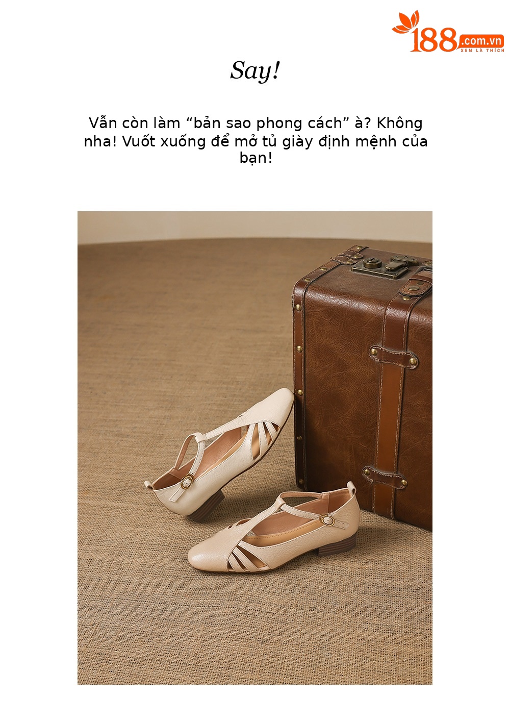 Giày da dê nữ gót vuông quai chữ T mũi nhọn miệng nông — màu be chi tiết 5