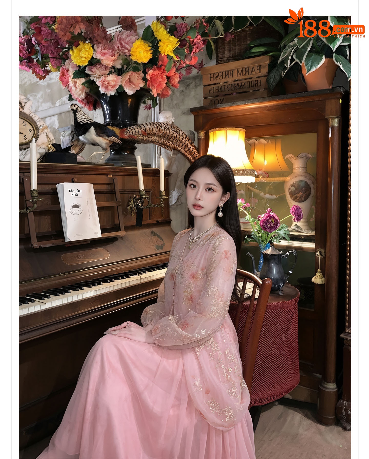 Đầm maxi nữ thắt eo phong cách tân cổ điển, cổ xẻ tà, tay ngắn, họa tiết hoa nhí trên vải voan lưới, thêu kim tuyến và cúc bọc vải — màu hồng chi tiết 3
