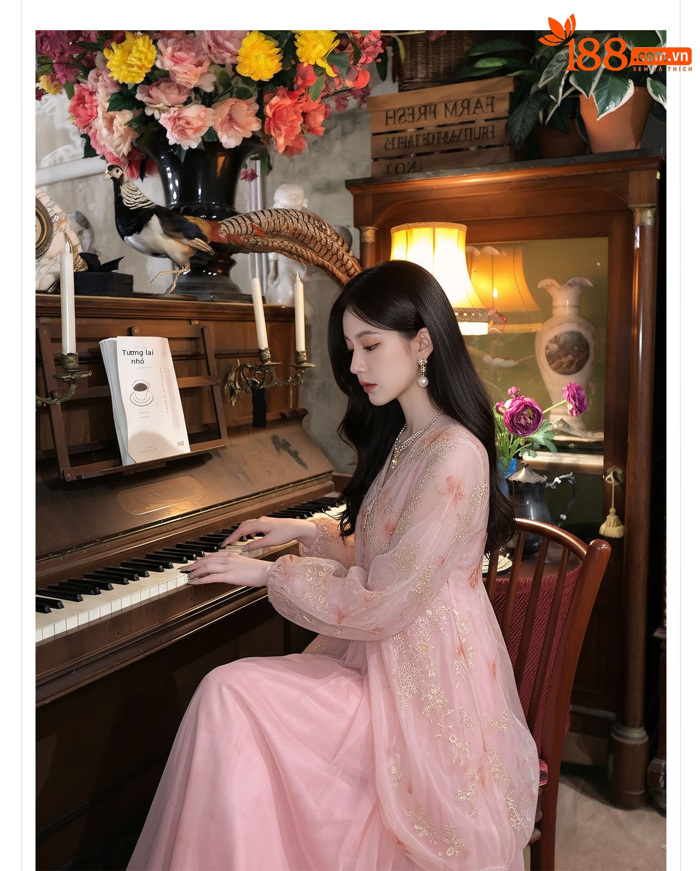 Đầm maxi nữ thắt eo phong cách tân cổ điển, cổ xẻ tà, tay ngắn, họa tiết hoa nhí trên vải voan lưới, thêu kim tuyến và cúc bọc vải — màu hồng chi tiết 4
