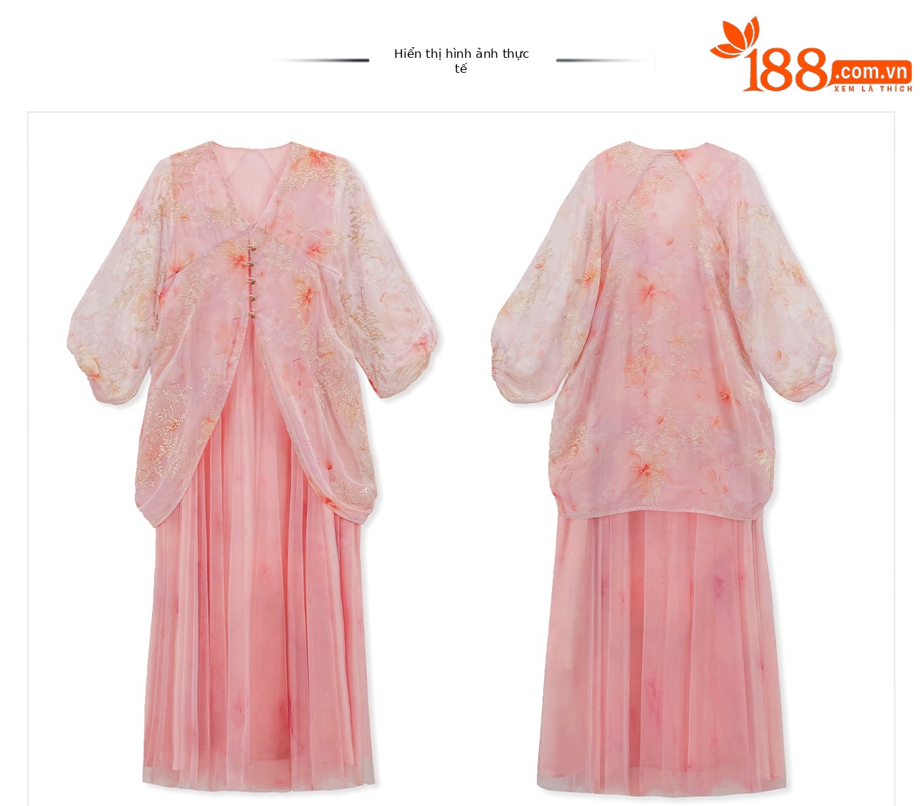 Đầm maxi nữ thắt eo phong cách tân cổ điển, cổ xẻ tà, tay ngắn, họa tiết hoa nhí trên vải voan lưới, thêu kim tuyến và cúc bọc vải — màu hồng chi tiết 14