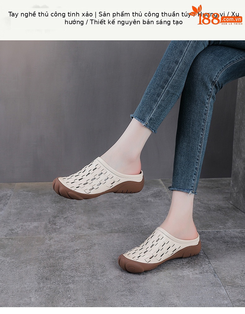 Dép sandal nữ quai chữ V đan thủ công da bò mềm đế bệt — màu trắng ngà chi tiết 1