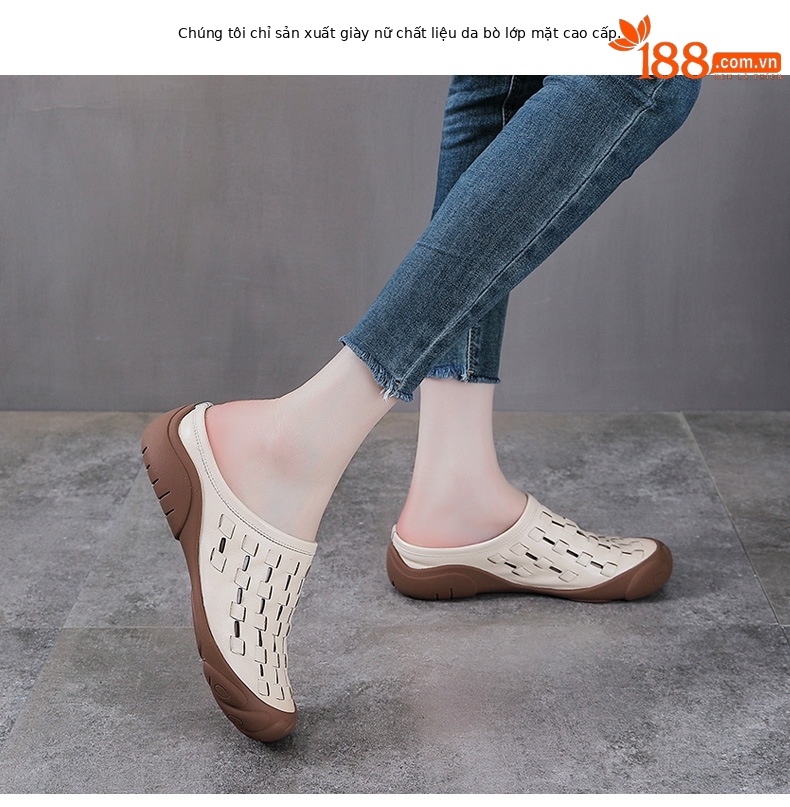 Dép sandal nữ quai chữ V đan thủ công da bò mềm đế bệt — màu trắng ngà chi tiết 2