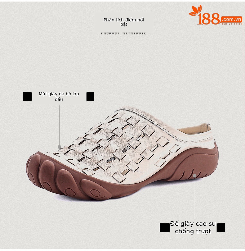 Dép sandal nữ quai chữ V đan thủ công da bò mềm đế bệt — màu trắng ngà chi tiết 3