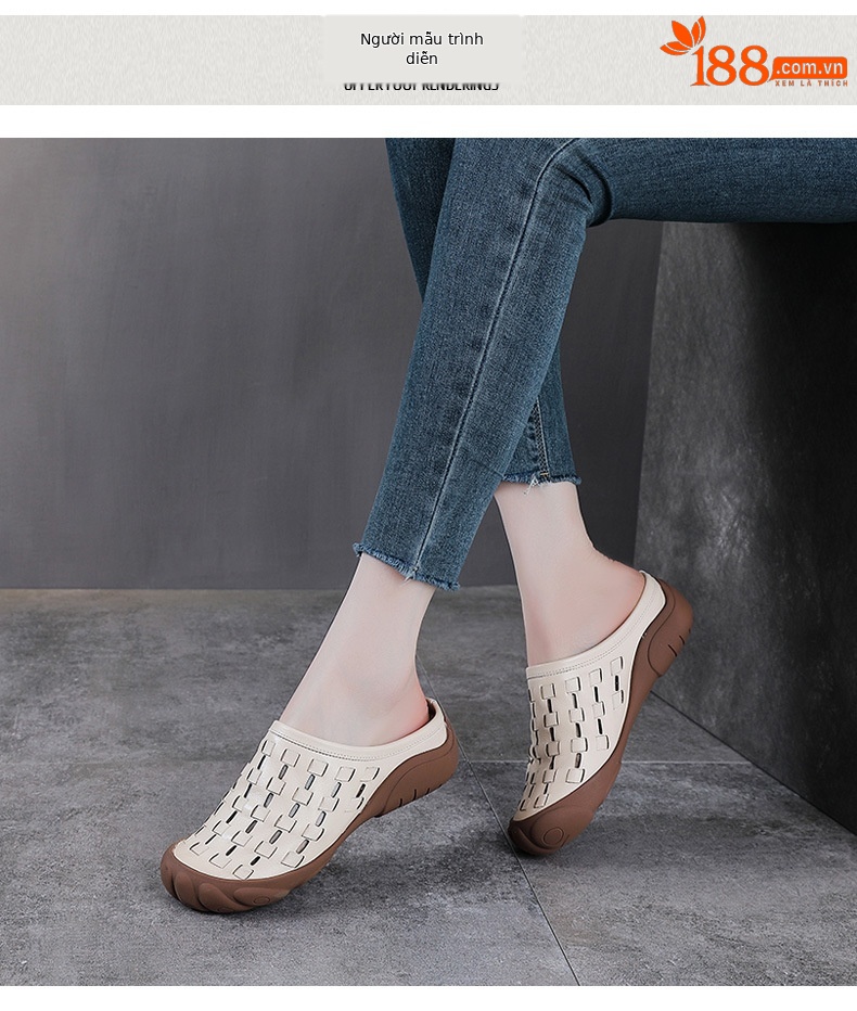 Dép sandal nữ quai chữ V đan thủ công da bò mềm đế bệt — màu trắng ngà chi tiết 9