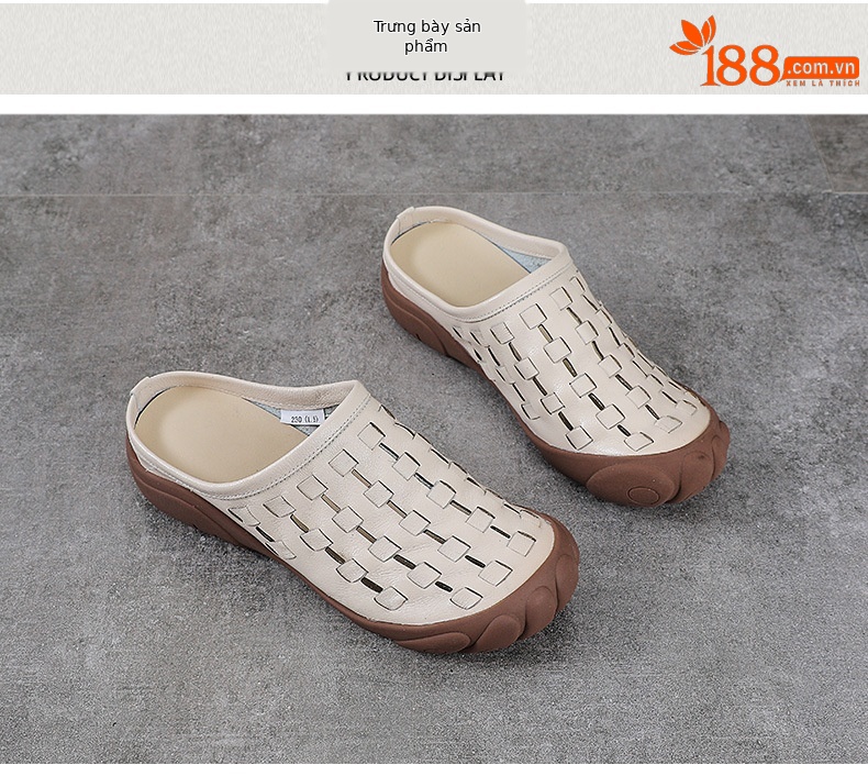 Dép sandal nữ quai chữ V đan thủ công da bò mềm đế bệt — màu trắng ngà chi tiết 10