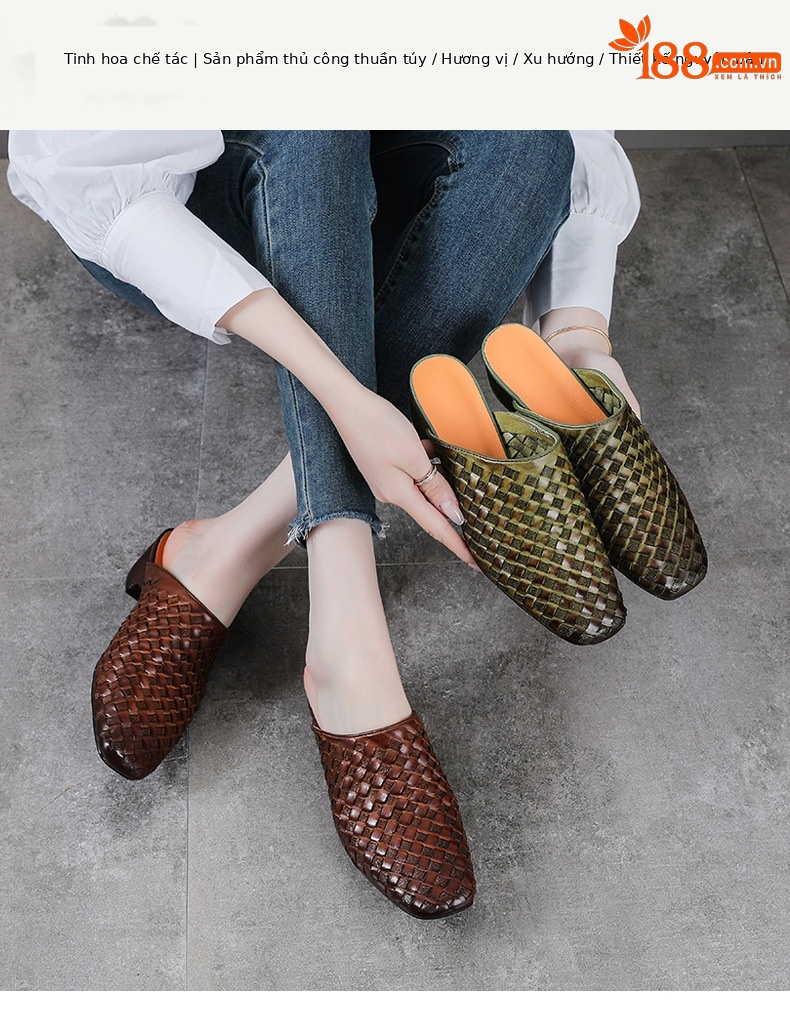 Dép sandal nữ bít mũi da bò thật đan thủ công phong cách vintage gót thấp — màu nâu chi tiết 1