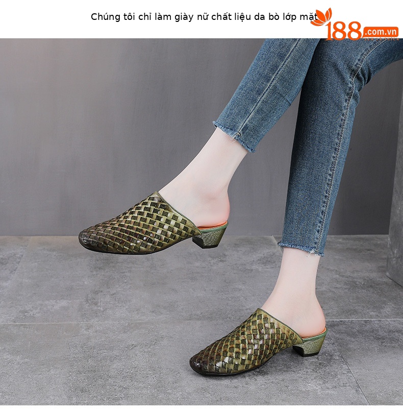 Dép sandal nữ bít mũi da bò thật đan thủ công phong cách vintage gót thấp — màu nâu chi tiết 2