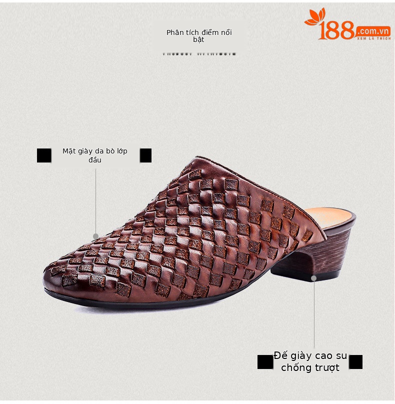 Dép sandal nữ bít mũi da bò thật đan thủ công phong cách vintage gót thấp — màu nâu chi tiết 3