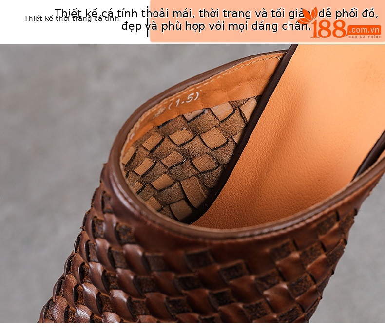 Dép sandal nữ bít mũi da bò thật đan thủ công phong cách vintage gót thấp — màu nâu chi tiết 5
