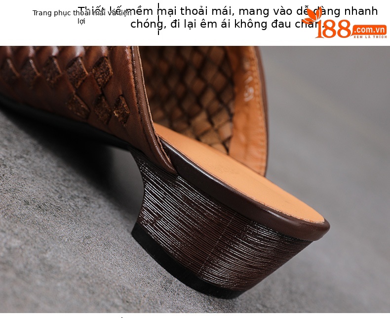 Dép sandal nữ bít mũi da bò thật đan thủ công phong cách vintage gót thấp — màu nâu chi tiết 6