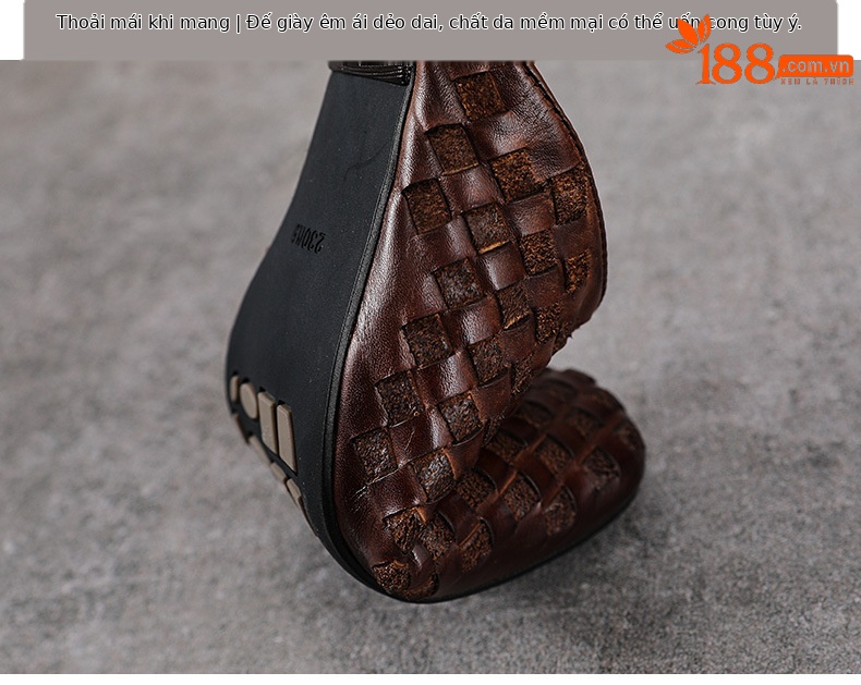 Dép sandal nữ bít mũi da bò thật đan thủ công phong cách vintage gót thấp — màu nâu chi tiết 8