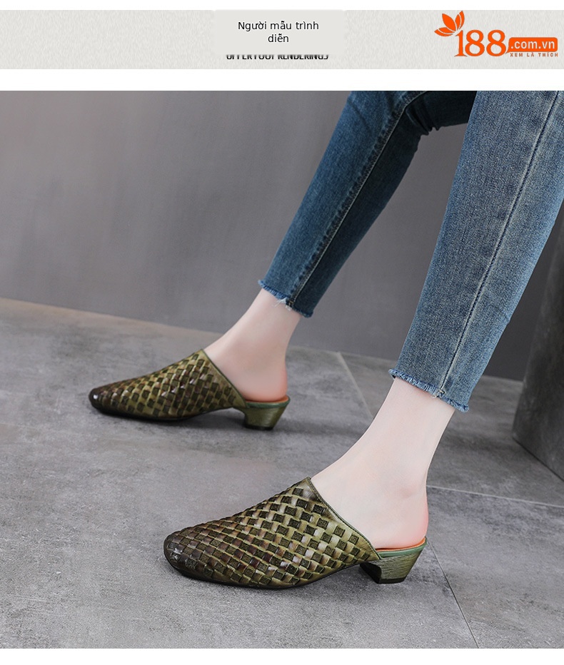 Dép sandal nữ bít mũi da bò thật đan thủ công phong cách vintage gót thấp — màu nâu chi tiết 9