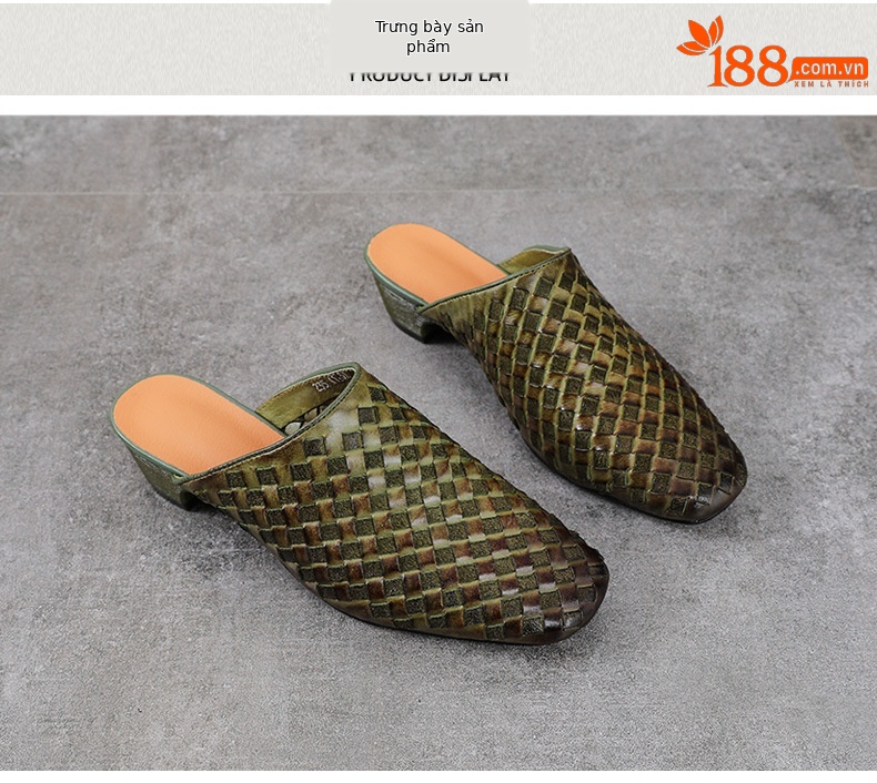 Dép sandal nữ bít mũi da bò thật đan thủ công phong cách vintage gót thấp — màu nâu chi tiết 10