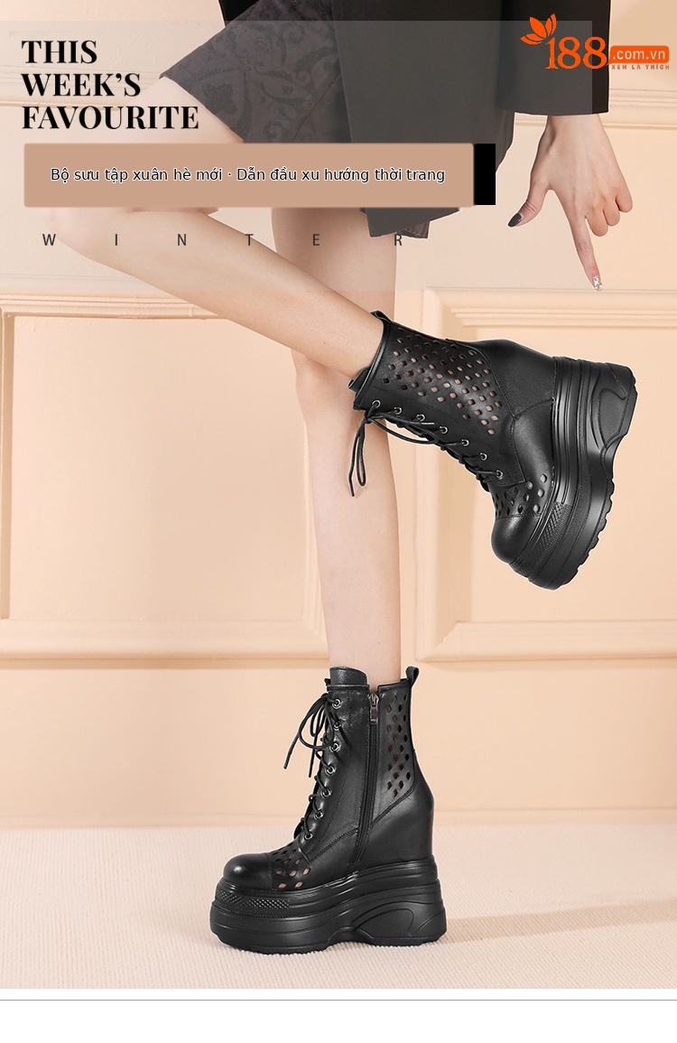Boot nữ cổ cao dây buộc đế platform 14 cm — màu đen chi tiết 1