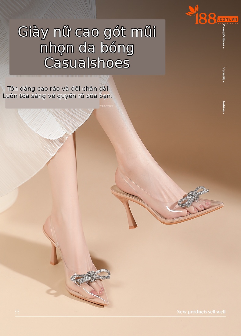 Sandal cao gót nữ mũi nhọn trong suốt gót 8 cm nơ đính đá — Trắng kem-8cm chi tiết 1